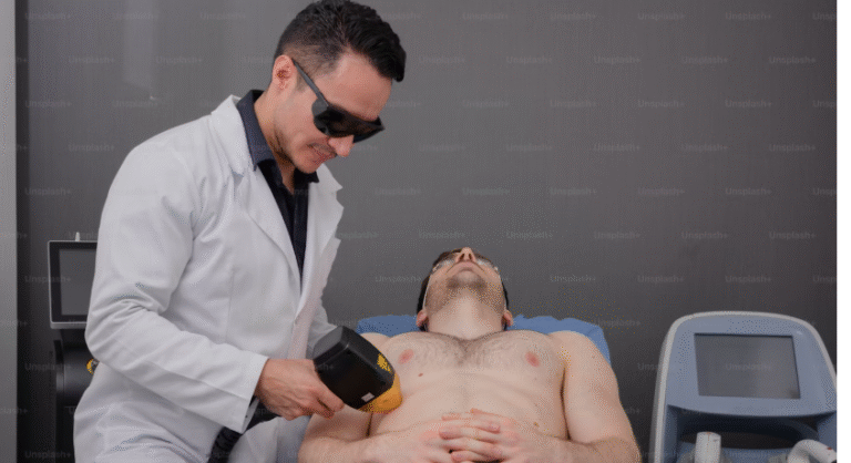 COLD LASER TREATMENT IS FOR MEN AND WOMEN AS SEEN IN THE PICTURE OF A DOCTOR IN A WHITE LAB COAT AS HE ADMINISTERS COLD LASER TREATMWNT TO PATIENT/