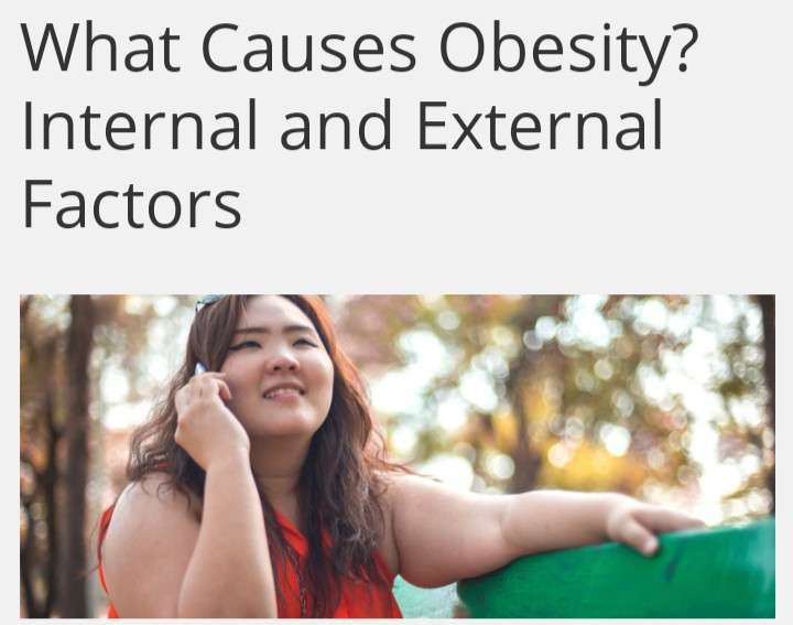 STOP EATING WHEN STRESSED. BANNER SAYS WHAT CAUSES OBESITY? INTERNAL AND EXTERNAL FACTORS AND A PICTURE OD A YOUNG OVERWEIGHT GIRL SITTING OUTSIDE