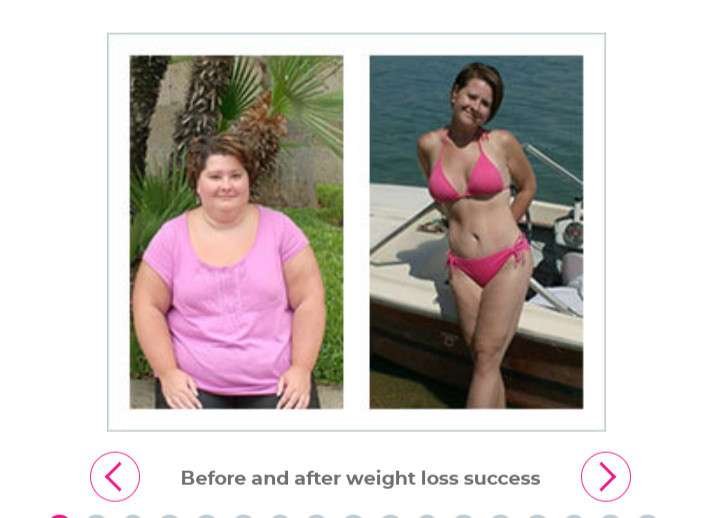 FULL-FIGURED MOTIVATION SHOWS BEFORE AND AFTER PHOTOS.ON THE LEFT IS A CHUBBY GIRL IN A PINK SLEEVELESS TOP. ON THE RIGHT SHE IS IN A RED TWO PIECE BIKINI