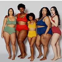 FIVE DIVERSE PLUS SIZE MODELS - WEARING TWO-PIECE SPANDEZ UNDERWEAR IN VARIOUS COLORS - GREEN, RED, ORANGE, YELLOW, NAVY