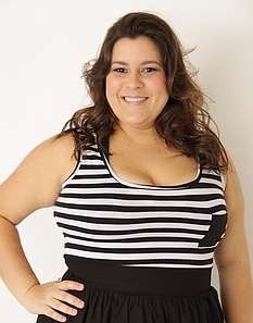 PLUS SIZE MODEL IN SLEEVELESS BLACK AND WHITE DRESS