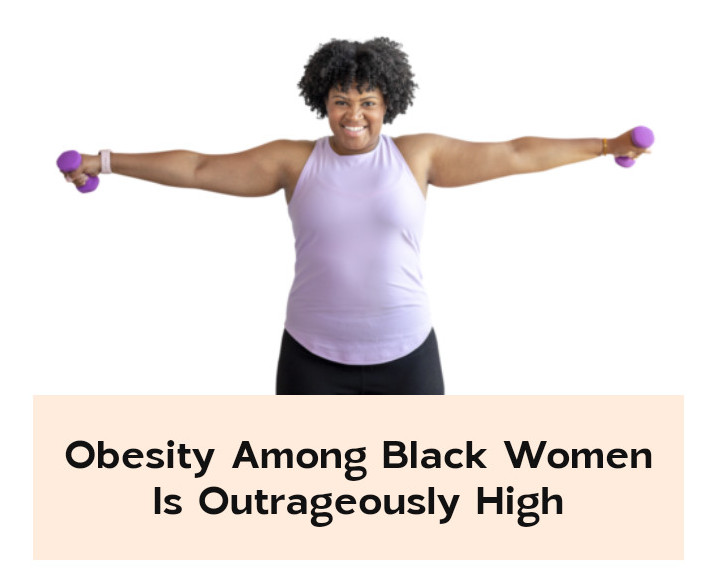 WOMAN OF COLOR WITH ARMS STRETCHED OUT TO THE SIDE HOLDING DUMB BELLS. SHE WEARS A LILAC TANK TOP AND BLACK SLACKS