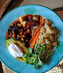 Hormonal Imbalance and Weight Gain - Well balanced plate of food, salad, greens. brown rice, beans.