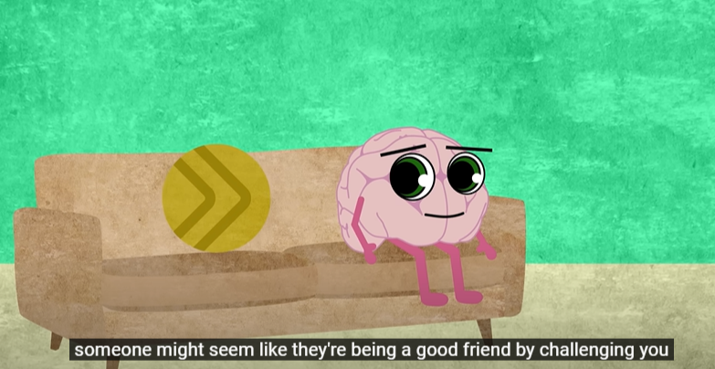  CARTOON OF A PINK BRAIN WITH THIN TINY ARMS AND LEGS SITS ON  BROWN AND TAN SOFA. THE CAPTION UNDERNEATH READS: Someomem,ight deem lik a good friend...