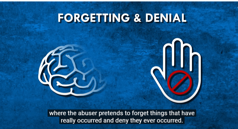 BILLBORD SHOWS THE WORDS FORGETTING AND DENIAL. UNDER THE WORDS S ONTHE LEFT SIDE IS A PICTURE OF A BRAIN. RIGHT SIDE IS A HAND WITH A RED CIRCLE WITH RED LINE DOWN THE MIDDLE. MEDIUM BLUE BACKGROUND