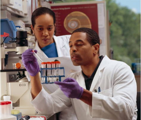 GENETICS AND BURNOUT. TWO RESEARCHERS AT WORK IN THEIR LABORATORY TO STUDY GENETICS AND EMOTIONAL BUROUT. THEY ARE WEARING WHITE JACKETS as they test genes