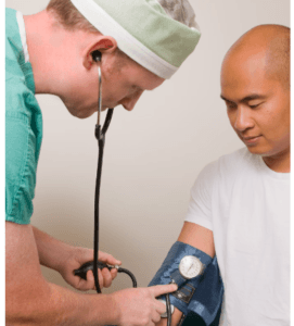 PATIENT SEEING HIS DOCTOR FOR BEST TREATMENTS FOR HIS HIGH BLOOD PRESSURE