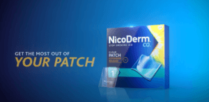 NICODERM PATCHES IN A BLUE AND YELLOW BOX