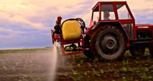 TRACTOR DRIVER SPRAYING HARMFUL PESTICIDES ON CROPS