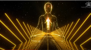 HOLOGRAM FIGURE INSIDE OF STREAMS OF GOLDEN LIGHT ON EACH SIDE.