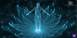 BINAURAL BEATS RELIEVE STRESS AS SHOWN BY A LIFE LIKE HOLOGRAM OF A FIGURE WITH FOUNTAIN OF LIGHT AROUND IT.