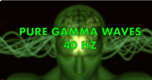 GAMMA WAVES AT 40 HZ IN BRIGHT GREEN WITH A HUMAN HEAD IN BACKGROUND