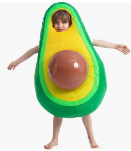 CHILD WEARING A GREEN, YELLOW AND BROWN AVOCADO COSTUME IS A VERY INTERESTING LOOK