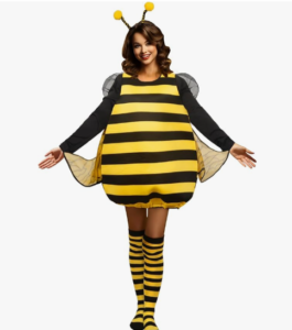 LADY DRESSED AS A BUMBLE BEE IS AN INTERESTING COSTUME TO WEAR ON HALLOWEEN