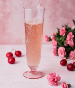 PINK NON-ALCOHOLIC DRINK IN A TALL CHAMPAGNE GLASS